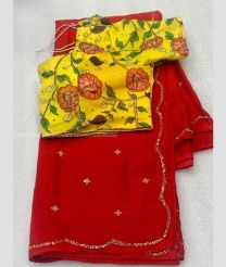 Yellow and Red color Georgette sarees with all over sequins buties with maggam work border design -GEOS0007689