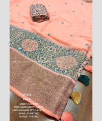 Peach and Brown color linen sarees with kashmiri style multi colored thread and siroski diamond work with jacquard woven border design -LINS0003157
