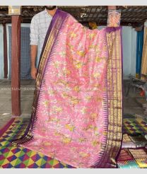 Rose pink and Purple color pochampally ikkat pure silk handloom saree with all over digital floral printed design -PIKP0022149