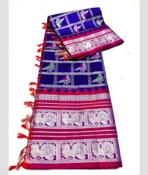 Royal Blue and Red color venkatagiri pattu handloom saree with all over checks and buties design -VAGP0000796