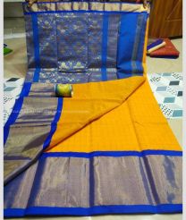 Blue and Mustard Yellow color Chenderi silk handloom saree with all over checks with big border design -CNDP0015857
