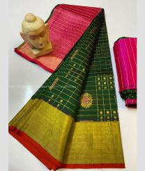 Pine Green and Pink color Kollam Pattu handloom saree with all over checks and buties sarees design -KOLP0000671