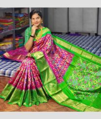 Deep Pink and Parrot Green color pochampally ikkat pure silk handloom saree with pochampalli ikkat with kanchi border saree design -PIKP0016733