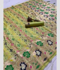 Acid Green and Cream color silk sarees with meenakari border design -SILK0017795