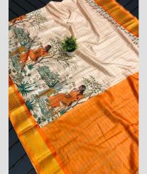 Cream and Orange color silk sarees with kalamkari digital printed with gadwal border design -SILK0002765