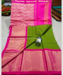 Pink and Leafy Green color Chenderi silk handloom saree with all over jill checks design -CNDP0012492