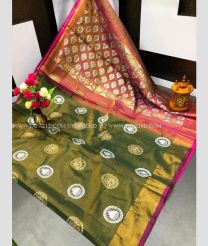 Military Green and Magenta color Uppada Tissue handloom saree with all over big buties design -UPPI0000427