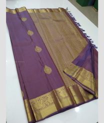 Purple and Golden color kanchi pattu handloom saree with all over buties with double wrap border design -KANP0013273