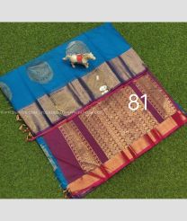 Blue and Magenta color Chenderi silk handloom saree with all over big peacock buties design -CNDP0016089