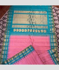 Rose Pink and Blue Turquoise color gadwal pattu handloom saree with all over buties with multiple bentex and temple kuthu interlock woven border design -GDWP0001602