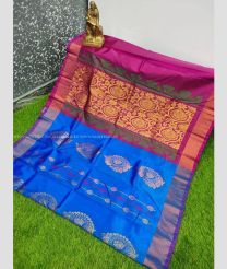 Blue and Deep Pink color Uppada Soft Silk handloom saree with all over buties design -UPSF0004145