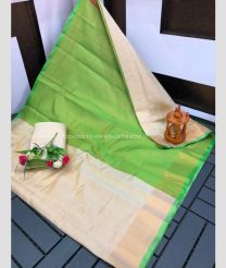 Half White and Parrot Green color Uppada Tissue handloom saree with plain border design -UPPI0001786