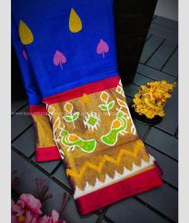 Blue and Red color Uppada Soft Silk handloom saree with all over printed with ikkat kaddi border design -UPSF0003719