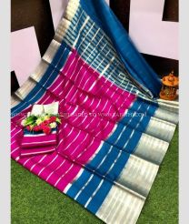 Pink and Blue Ivy color Kora handloom saree with all over stripes design -KORS0000130