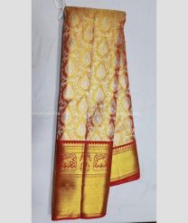 Golden Yellow and Red color kanchi pattu handloom saree with zari border saree design -KANP0007176