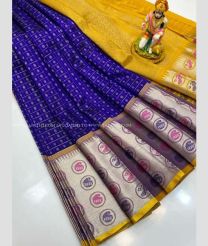 Navy Blue and Mustard Yellow color kuppadam pattu handloom saree with all over checks and buties design -KUPP0096740