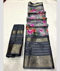 Grey and Charcoal Black color silk sarees with all over floral printed with heavy jacquard 9 inch border design -SILK0017417