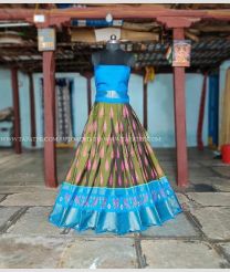 Mehndi Green and Aqua Blue color Ikkat Lehengas with pochampalli border design -IKPL0000788