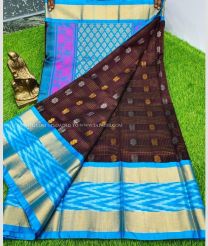 Sky Blue and Dark Chocolate color Kollam Pattu handloom saree with plain with pochampalli border design -KOLP0001451