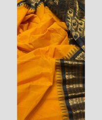 Mango yellow and Charcoal Black color gadwal cotton handloom saree with all over buties with temple border design -GAWT0000177