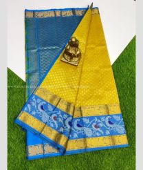 Blue and Yellow color Kollam Pattu handloom saree with all over laksha buties with kanchi peacock border design -KOLP0001549