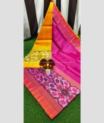 Mango Yellow and Pink color Uppada Soft Silk handloom saree with big pochampalli weaving border saree design -UPSF0001967