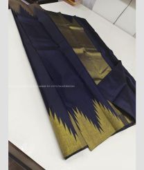 Navy blue and Golden color kanchi pattu sarees with temple border design -KANP0013793