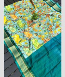 Sky Blue and Teal color silk sarees with kalamkari digital printed with gadwal border design -SILK0002767