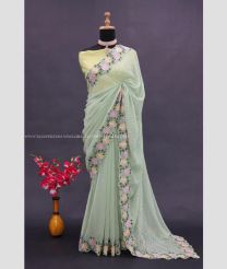 Lite Fern Green color Georgette sarees with all over lining and moti stitch thread sequence embroidery and arca border design -GEOS0014702