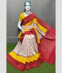 Half White and Yellow color pochampally Ikkat cotton handloom saree with all over pochampally ikkat design -PIKT0000511