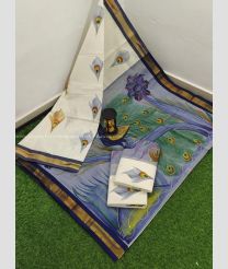Cream and Lite Blue color Uppada Cotton handloom saree with all over brush printed design -UPAT0004412