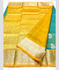 Turquoise and Yellow color venkatagiri pattu handloom saree with all over big silver buties design -VAGP0000784