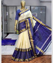 Cream and Navy Blue color pochampally ikkat pure silk handloom saree with all over pochamally design saree -PIKP0016998