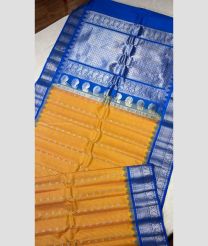 Yellow and Blue color gadwal pattu handloom saree with all over buties with temple kothakomma kuthu interlock border design -GDWP0001719