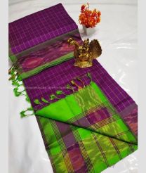 Magenta and Parrot Green color Tripura Silk handloom saree with all over mahanati checks with pochampally border design -TRPP0008038