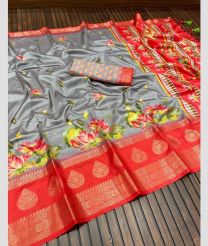 Grey and Burgundy color Lichi sarees with all over 3d high quality pichvai printed with dayebal jari woven jacquard penal border design -LICH0000409
