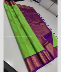 Pea Green and Purple color kanchi pattu handloom saree with all over big buties with 2g pure jari traditional korvai pattern border design -KANP0013321