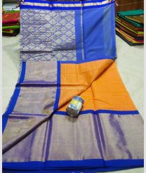 Blue and Mustard Yellow color Chenderi silk handloom saree with all over jill checks design -CNDP0012488