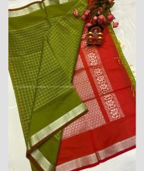 Mehendi Green and Red color Chenderi silk sarees with all over checks design -CNDP0016311