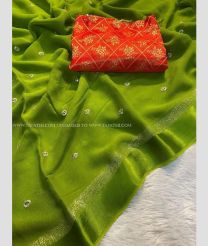 Leafy Green and Red color Georgette sarees with all over embroidery design -GEOS0024314