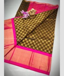 Chocolate and Pink color Chenderi silk handloom saree with all over checks and buties with design border -CNDP0013027
