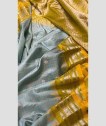 Sky Blue and Mustard Yellow color gadwal pattu sarees with temple kuthu border design -GDWP0001906