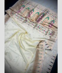 Cream color paithani sarees with heavy mina weaving zari pallu with beautiful tassels design -PTNS0005203