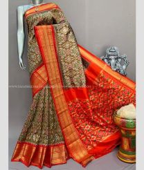 Oak Brown and Orange color pochampally ikkat pure silk sarees with kanchi border design -PIKP0037950