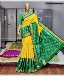 Yellow and Green color pochampally ikkat pure silk handloom saree with all over pochampally design saree -PIKP0016986