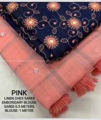 navy blue and pink color linen sarees with allover checks saree design -LINS0002059