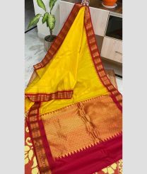 Yellow and Red color gadwal pattu handloom saree with all over buties with temple kuthu interlock woven system design -GDWP0001049