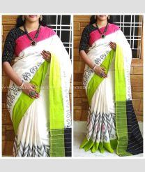 Half White Pink and Parrot Green color pochampally Ikkat cotton handloom saree with all over pochamally design -PIKT0000069