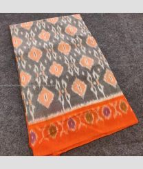 Grey and Orange color pochampally Ikkat cotton handloom saree with pochampalli design -PIKT0000470