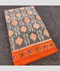 Grey and Orange color pochampally Ikkat cotton handloom saree with pochampalli design -PIKT0000470